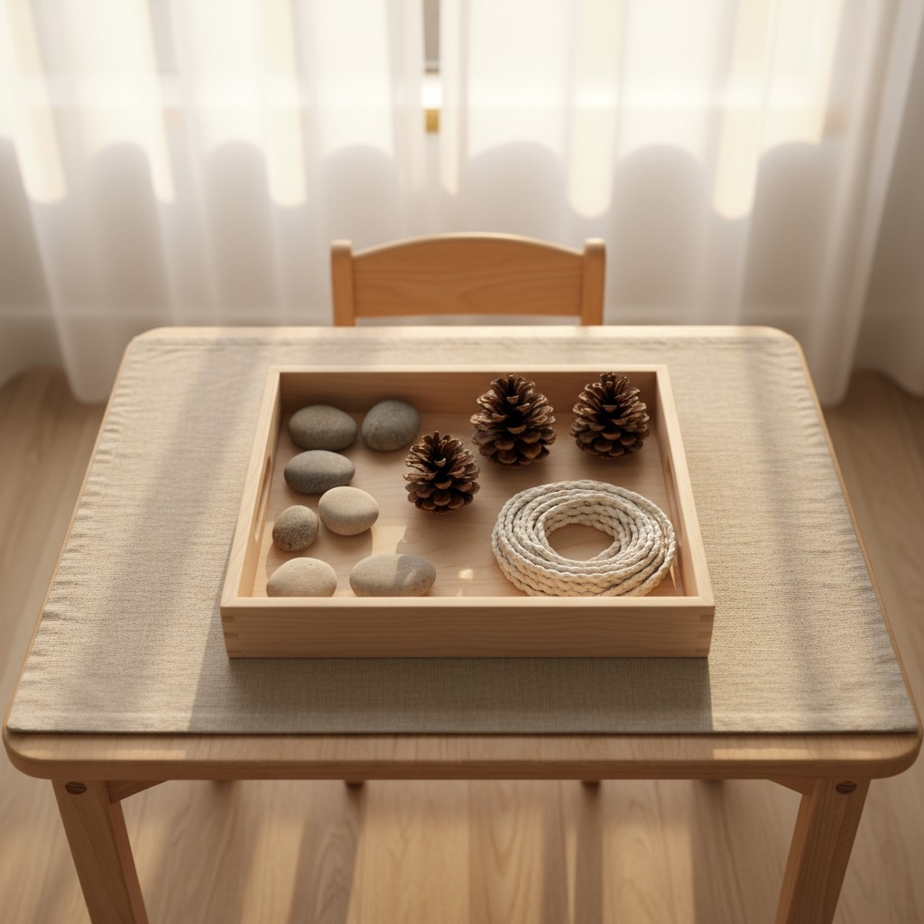 A finely crafted wooden tray holds various natural elements, including sandstones, pebble rocks, pinecones, and a macrame ...