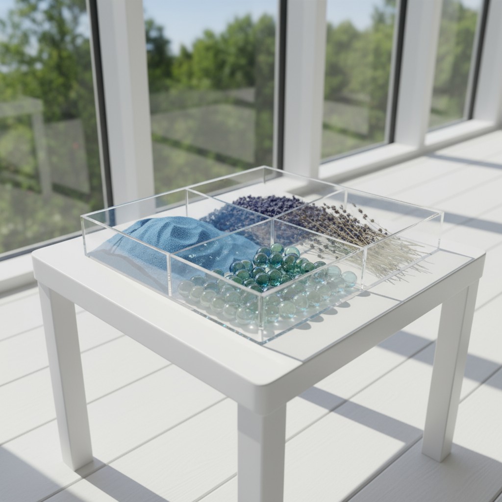 A square white table with a clear plastic tray holding three compartments, containing blue marbles, sachets of dried laven...