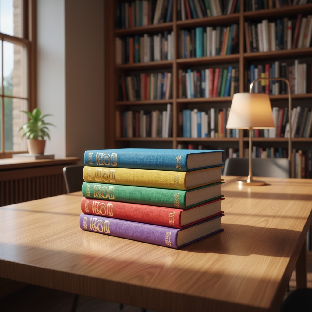 title A stack of books with gold lettering sits on a light-wood table in a well-lit library setting.