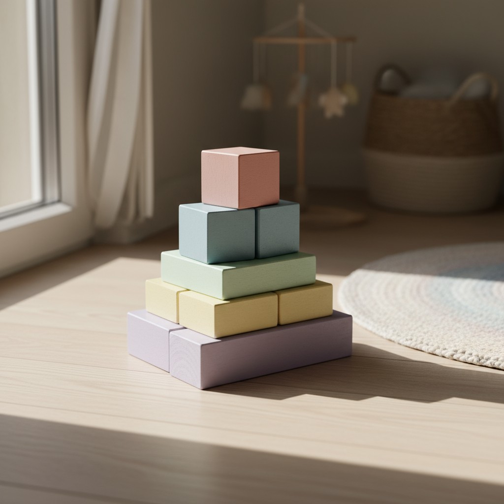 The image features a carefully arranged stack of six wooden blocks in pastel hues on an off-white, natural wooden surface,...